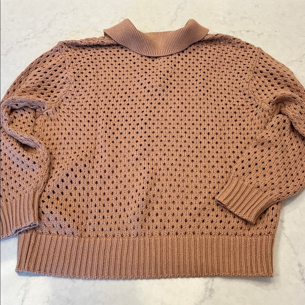 Aerie NWT Oversized Open Knit Polo‎ Sweater in Tan 100% Cotton Size Small - Picture 9 of 9